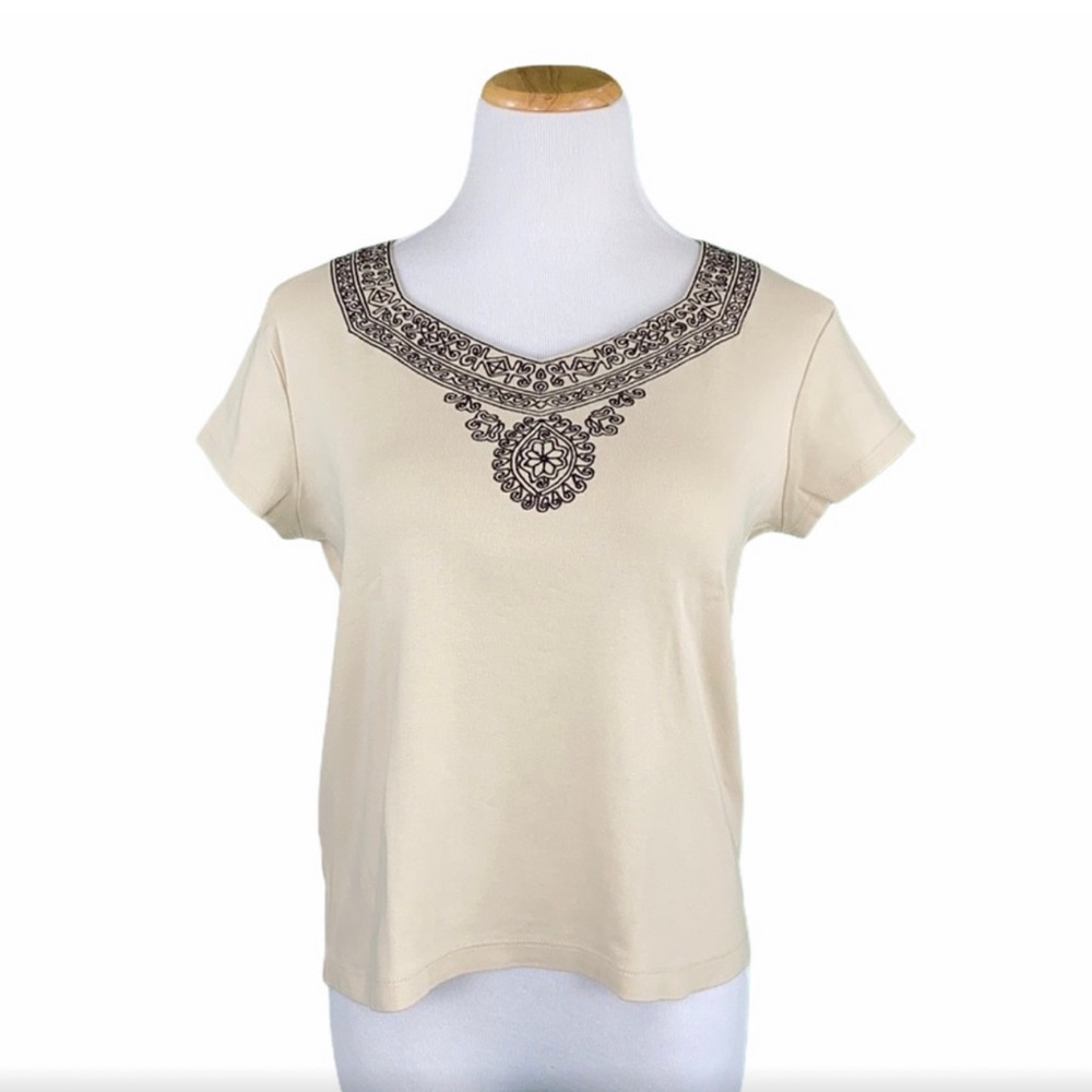 Nine West Separates women’s Short Sleeve Embroidered V neck Collar Khaki Top